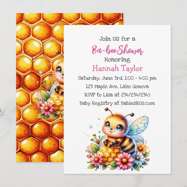 Invitación Baby Shower Chica temático de la abeja de miel (Anverso / Reverso)