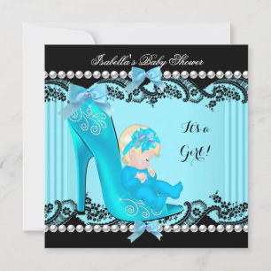 Invitación Baby Shower Chica Verde azulado Blue Shoes Blonde