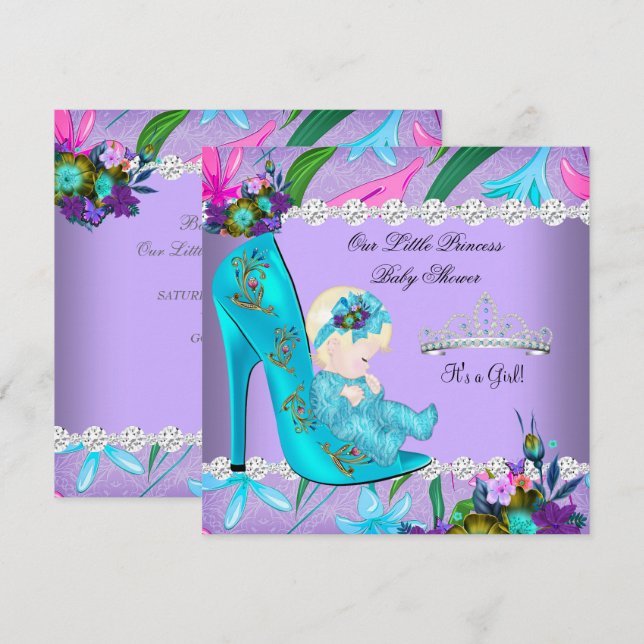 Invitación Baby Shower Chica Verde azulado Morple Floral Shoe (Anverso / Reverso)