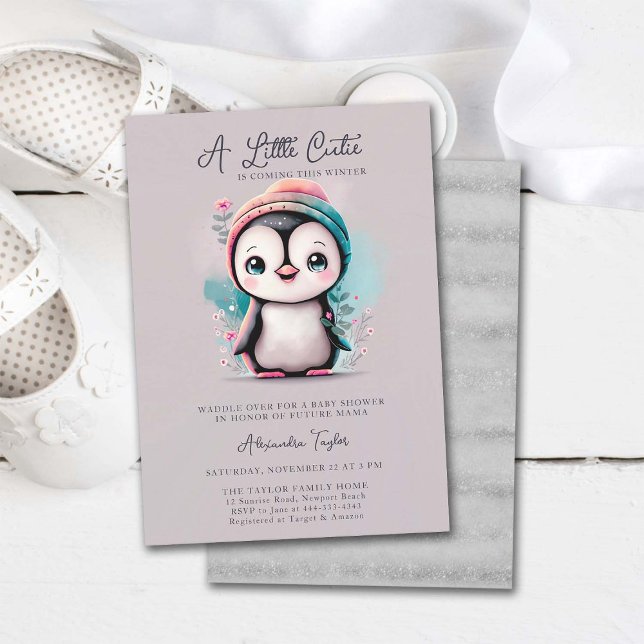 Invitación Baby Shower Chica Verde azulado rosa de penguin de (penguin baby shower invitation cute adorable sweet character watercolor pink teal lilac winter cold)