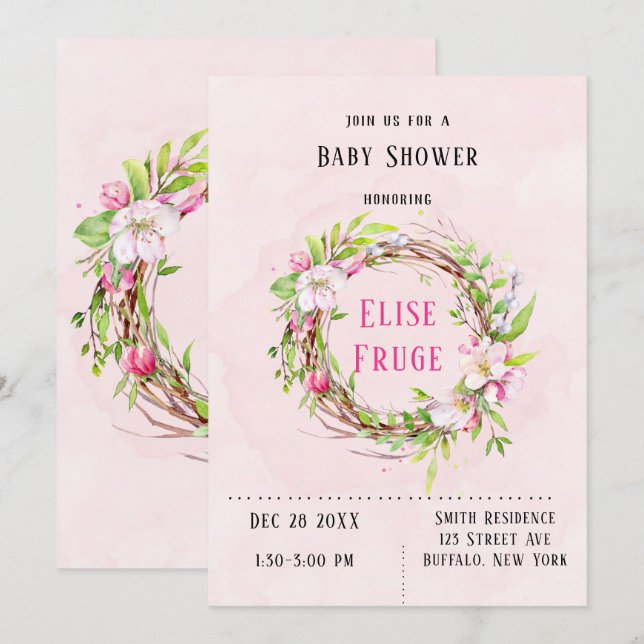 Invitación Baby Shower Chica Wreath del árbol de expansión de (Anverso / Reverso)