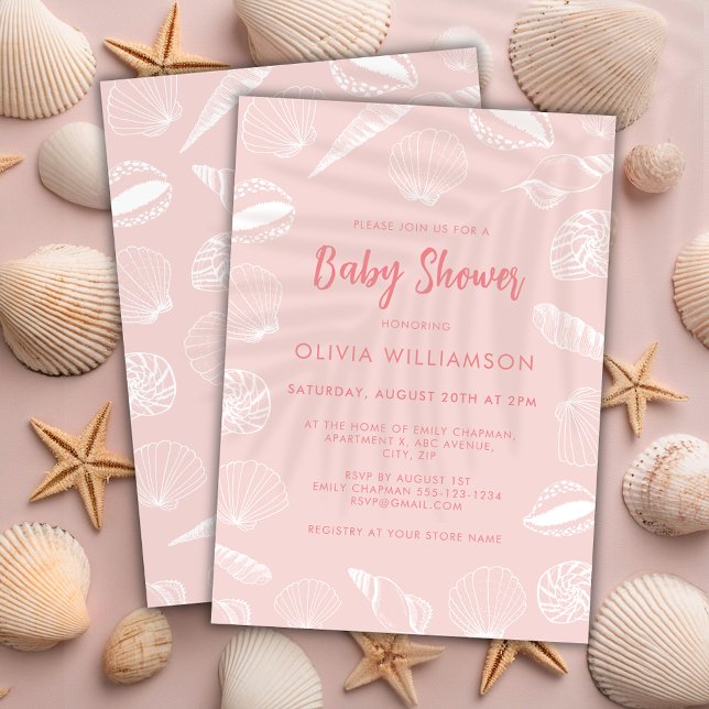 Invitación Baby Shower Chicas de las conchas marinas del océa (Pink seashell ocean baby shower invitation.)