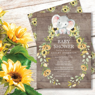 Invitación Baby Shower: Chicas rusos de girasol y bebé elefan