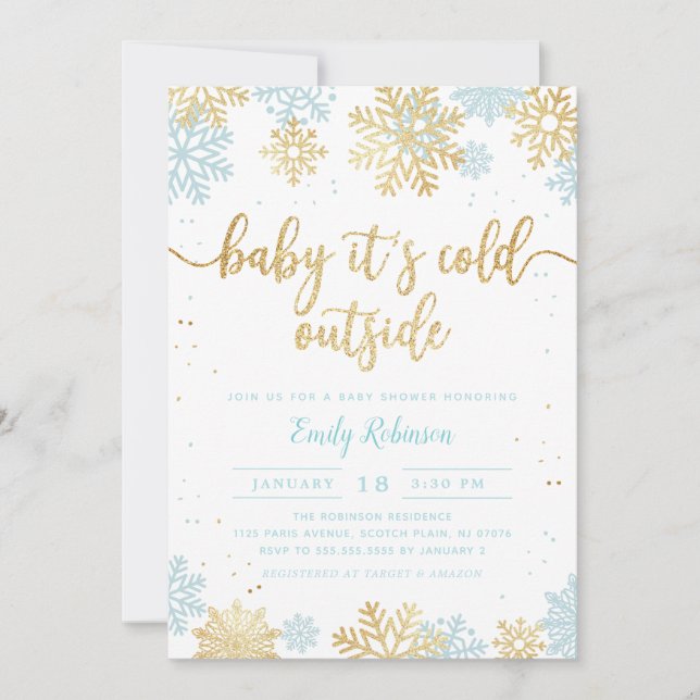 Invitación Baby Shower, Chico De Invierno Blue And Gold Snowf (Anverso)