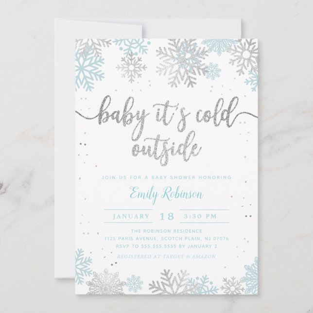Invitación Baby Shower, Chico De Invierno De Snowflake Azul Y (Anverso)