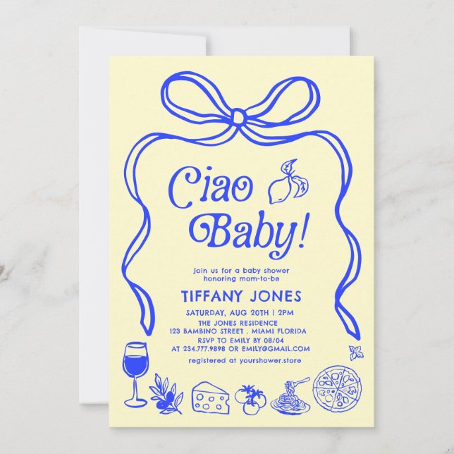 Invitación Baby Shower Ciao Baby Blue Yellow Italiano Lemons (Anverso)