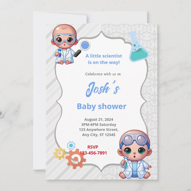 Invitación Baby Shower científico (Anverso)