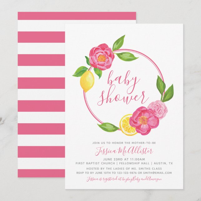 Invitación Baby Shower Citrus Floral Stripe (Anverso / Reverso)
