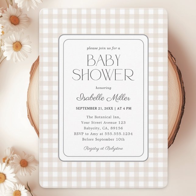 Invitación Baby Shower clásico Beige Gingham de género neutro (Subido por el creador)