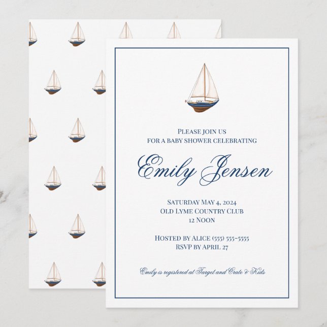 Invitación Baby Shower clásico de barcos náuticos (Anverso / Reverso)