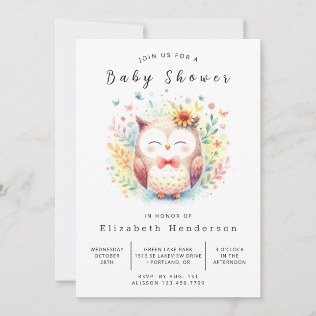 Invitación Baby Shower clásico de búho forestal (Anverso)