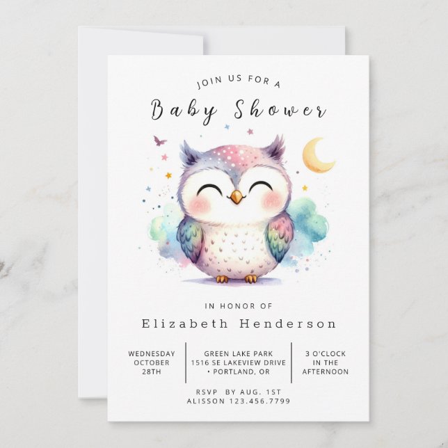 Invitación Baby Shower clásico de búho moderno (Anverso)