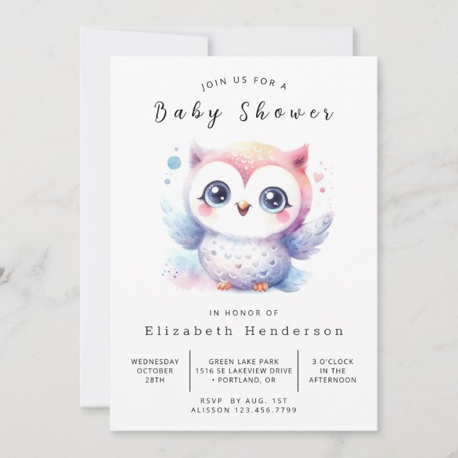 Invitación Baby Shower clásico de búho pastel (Anverso)