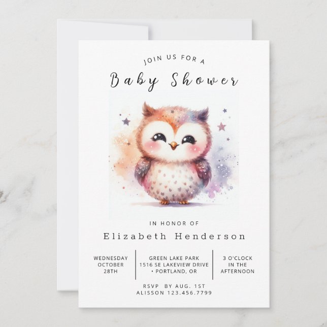 Invitación Baby Shower clásico de búho simple (Anverso)