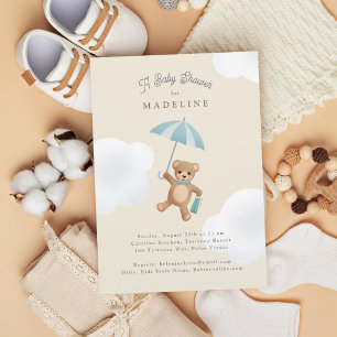 Invitación Baby Shower clásico de color beige azul de oseo de