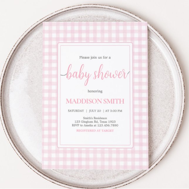 Invitación Baby Shower clásico de Gingham rosa (Girl Gingham Baby Shower Invitation)
