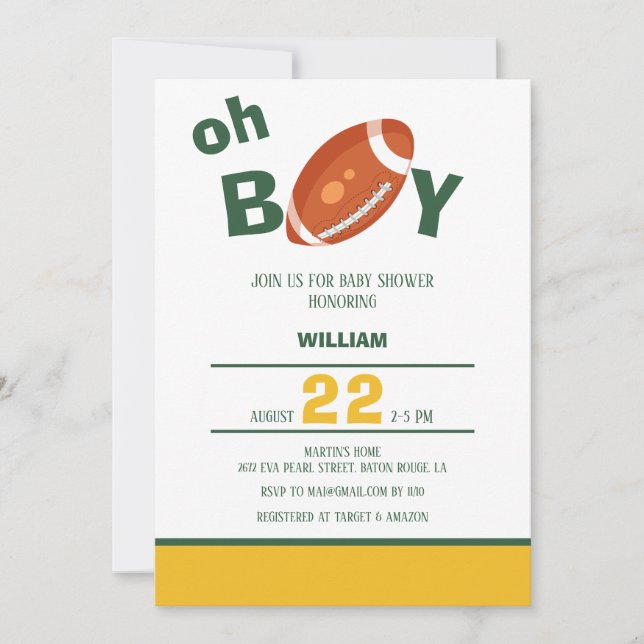 Invitación Baby Shower clásico del fútbol Oh Boy Retro (Anverso)