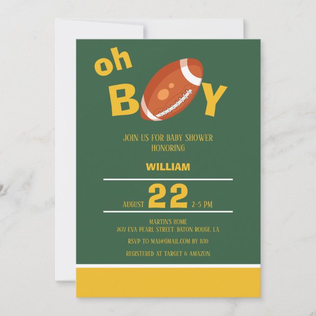 Invitación Baby Shower clásico del fútbol Oh Boy Retro (Anverso)