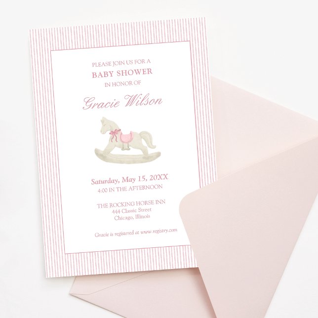 Invitación Baby Shower clásico simple de caballos rosados (Subido por el creador)