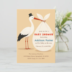 Invitación Baby Shower Clásico Vintage de Cigüeña sin Género
