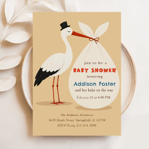 Invitación Baby Shower Clásico Vintage de Cigüeña sin Género