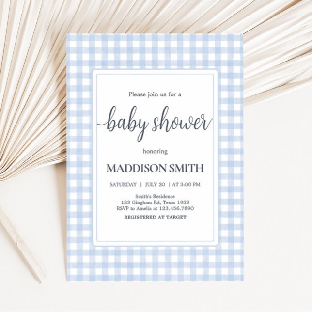 Invitación Baby Shower Classic Blue Gingham (Boy Gingham Baby Shower Invitation)