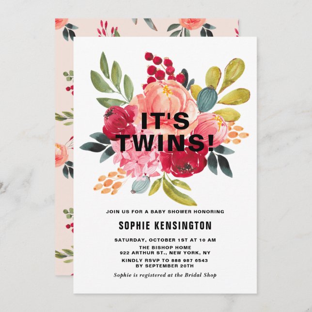 Invitación Baby Shower Classic Watercolor Flowers Twins (Anverso / Reverso)