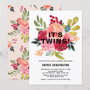 Invitación Baby Shower Classic Watercolor Flowers Twins