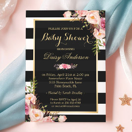 Invitación Baby Shower Classy Floral Gold Black Strips