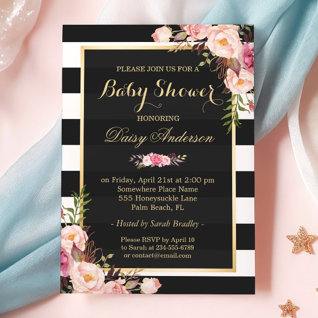 Invitación Baby Shower Classy Floral Gold Black Strips (Subido por el creador)