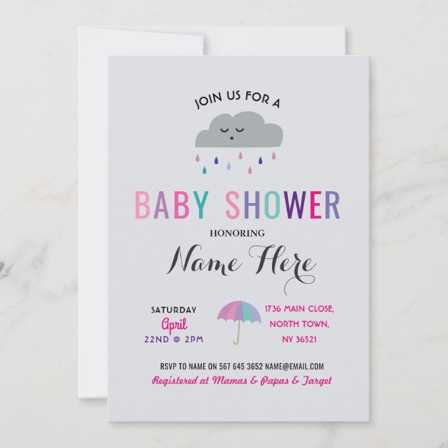Invitación Baby Shower Cloud Sprinkle Rain Pink Umbrella Chic (Anverso)