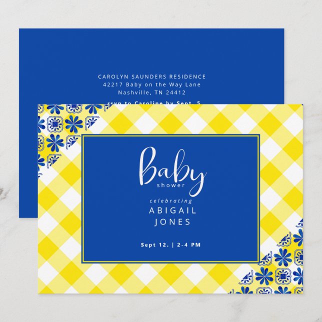 Invitación Baby Shower Cobalt Blue & Yellow Gingham (Anverso / Reverso)