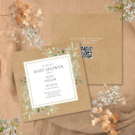 Invitación Baby Shower Código QR Neutral Greenery Kraft Rústi
