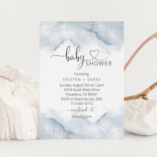 Invitación Baby Shower color de agua azul intenso y dorado