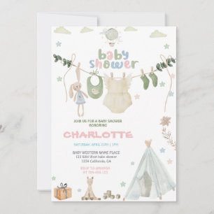 Invitación Baby Shower color de agua verde, azul y rosa