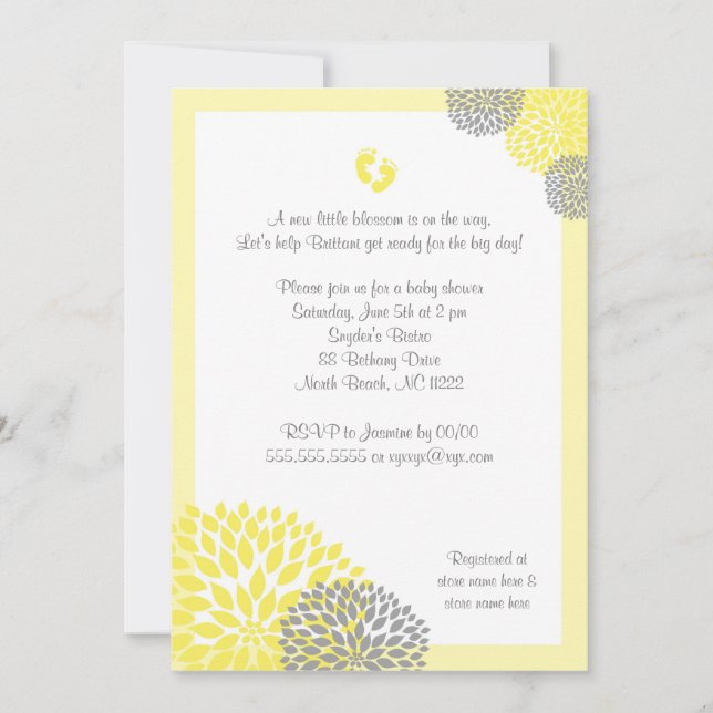 Invitación Baby Shower color gris amarillo dahlia  (Anverso)