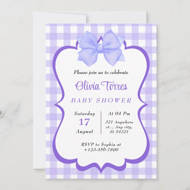 Invitación Baby Shower color morado blanco (Anverso)