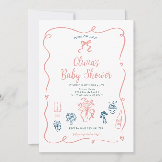 Invitación Baby Shower color rosa de mano dibujada (Anverso)