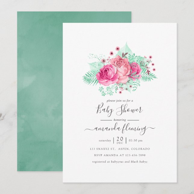 Invitación Baby Shower color rosa y mint floral (Anverso / Reverso)