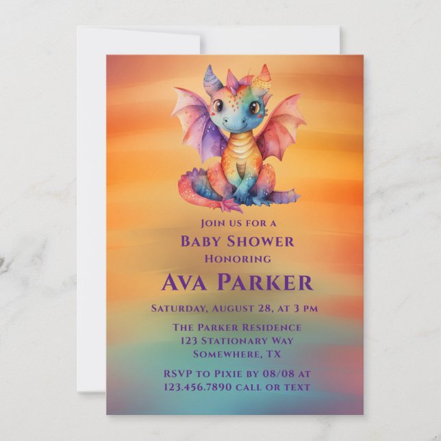 Invitación Baby Shower colorido del Dragón Arcoiris (Anverso)