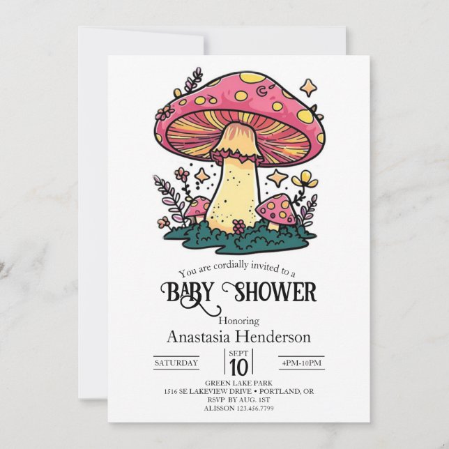 Invitación Baby Shower colorido y pequeño hongo (Anverso)