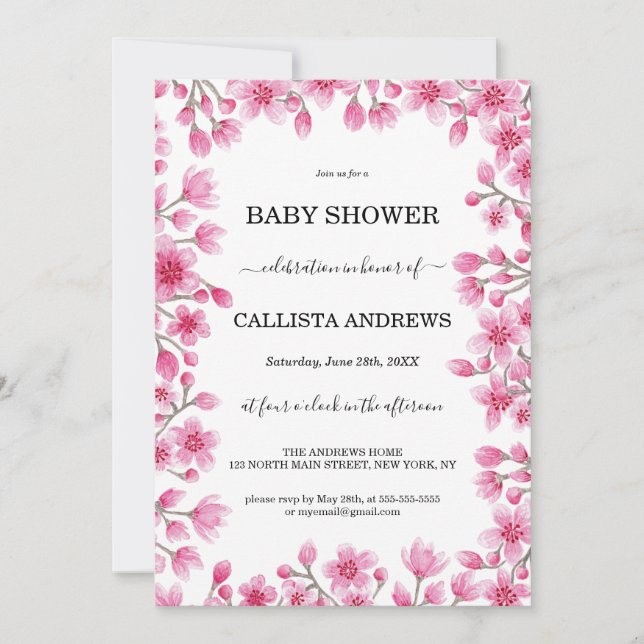 Invitación Baby Shower con borde floral de cerezo en Japón (Anverso)