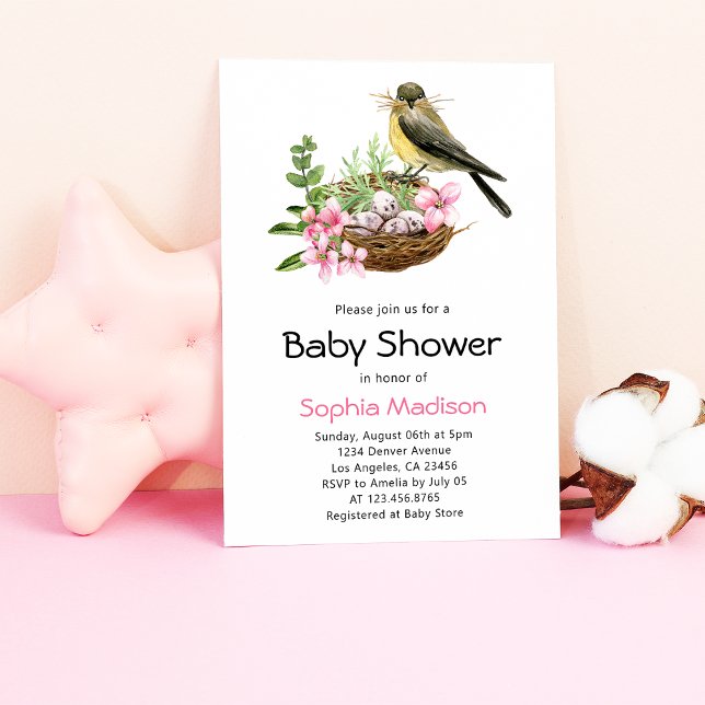 Invitación Baby Shower con el nido de pájaro floral (Subido por el creador)