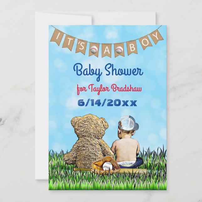 Invitación Baby Shower con el tema del béisbol infantil (Anverso)