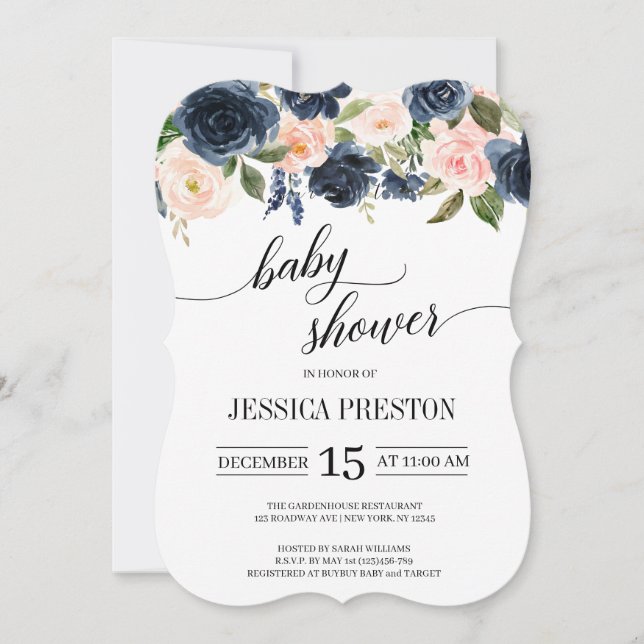 Invitación Baby Shower con escritura floral rosa azul marina  (Anverso)