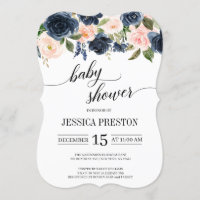 Baby Shower con escritura floral rosa azul marina 