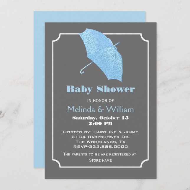 Invitación Baby Shower con estilo de paraguas azul (Anverso / Reverso)