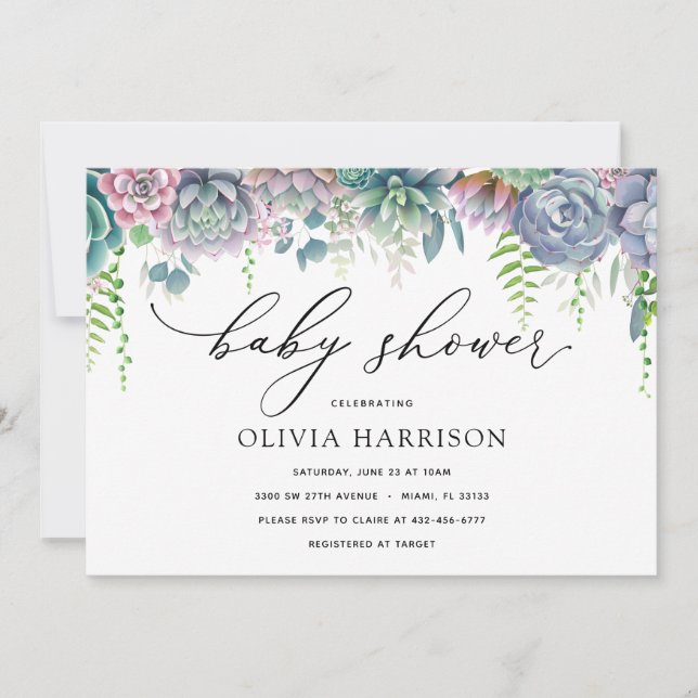 Invitación Baby Shower con éxito morado y verde (Anverso)