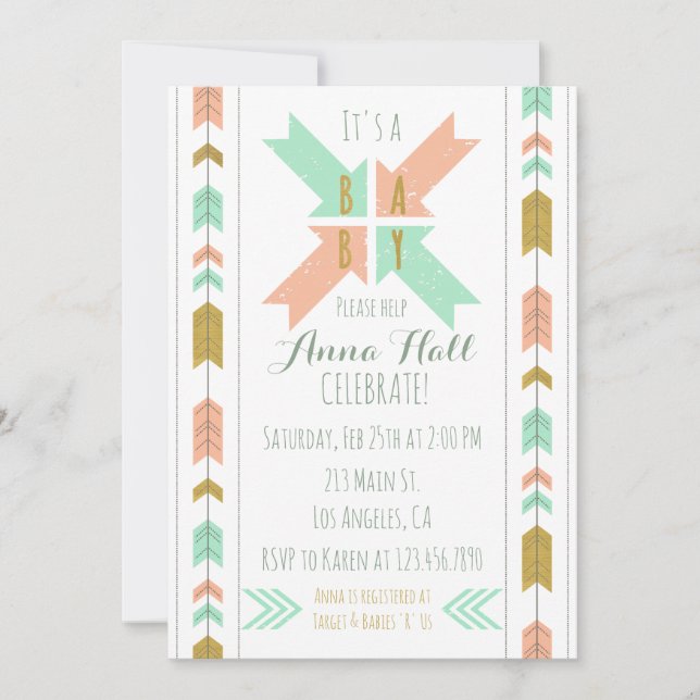 Invitación Baby Shower con flecha tribal Gold (Anverso)