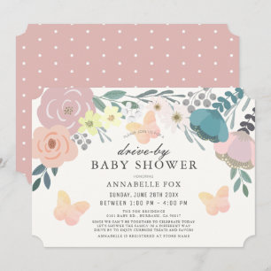Invitación Baby Shower con flor rosa y mariposas